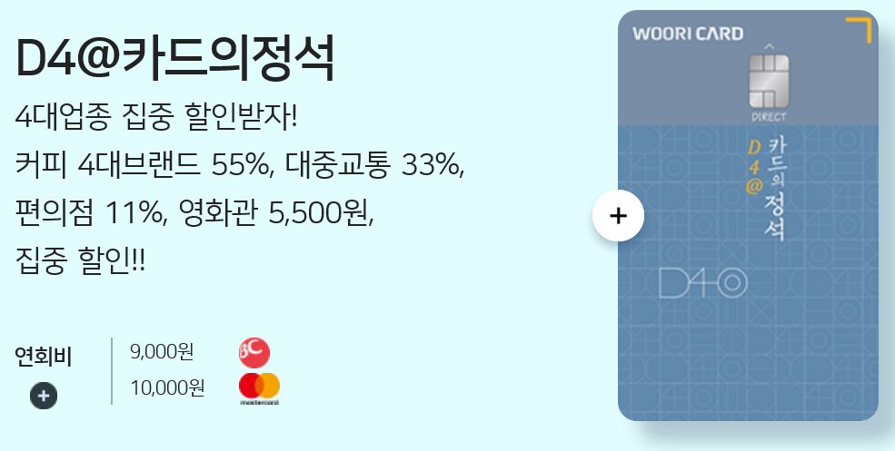 교통비할인카드 1. 우리카드 D4@카드의정석 사진과 혜택이 기록된 사진. 연회비 9,000원과 10,000원 두가지 종류가 있고 할인 혜택이 적혀있다. 