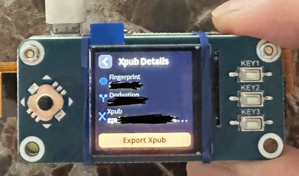 Xpub Details를 보여주는 화면. Fingerprint와 Derivation Xpub주소를 보여준다