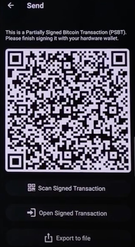 블루월렛에서 PSBT : Partially Signed Bitcoin Transaction 만들 화면 